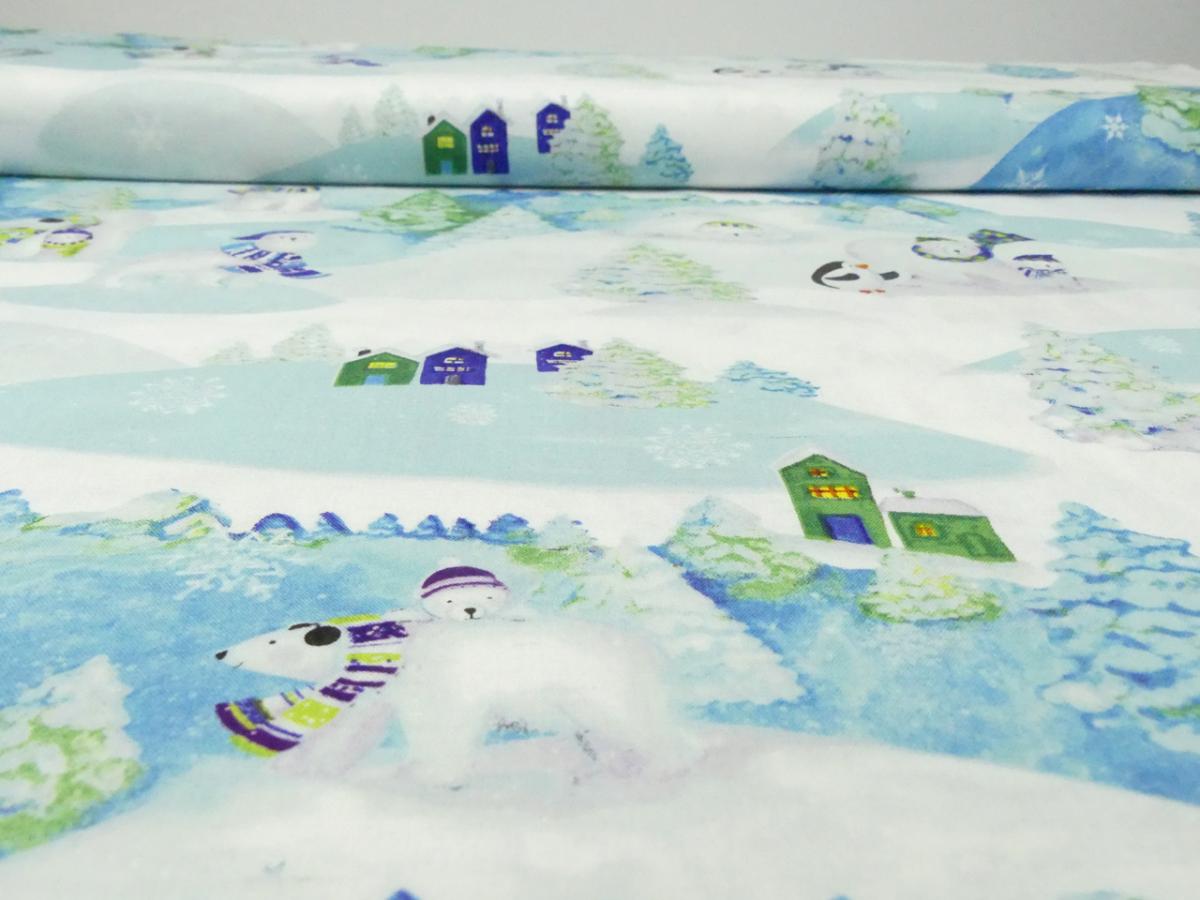 Patchworkstoff Clothworks Snowville Eisbären auf türkis Landschaft Detailansicht